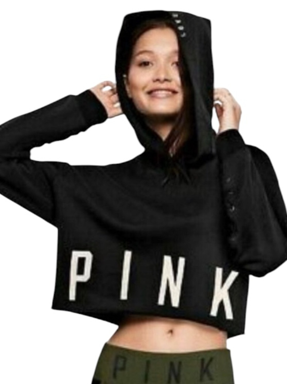 PINK Lace Up Sleeve Cropped Hoodie